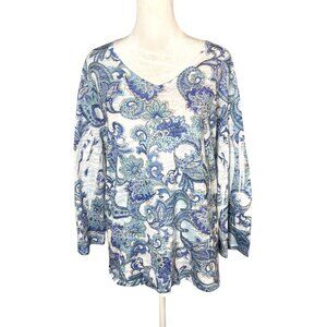 Jess & Jane XL V-Neck Top Blue Paisley Floral Rhinestones 3/4 Sleeve Burnout